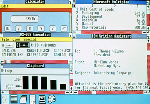 Windows 2.0 Desktop with Calculator, Microsoft Multiplan on CRT display (1987)